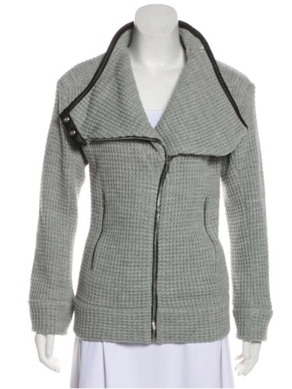 IRO Chelane Waffle Knit Leather Trim Jacket Moto Style Knit Collar Heather Gray